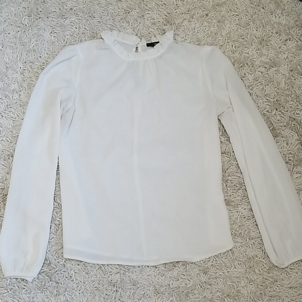 Crepe Long Sleeve White Ruffled Summer Blouse
